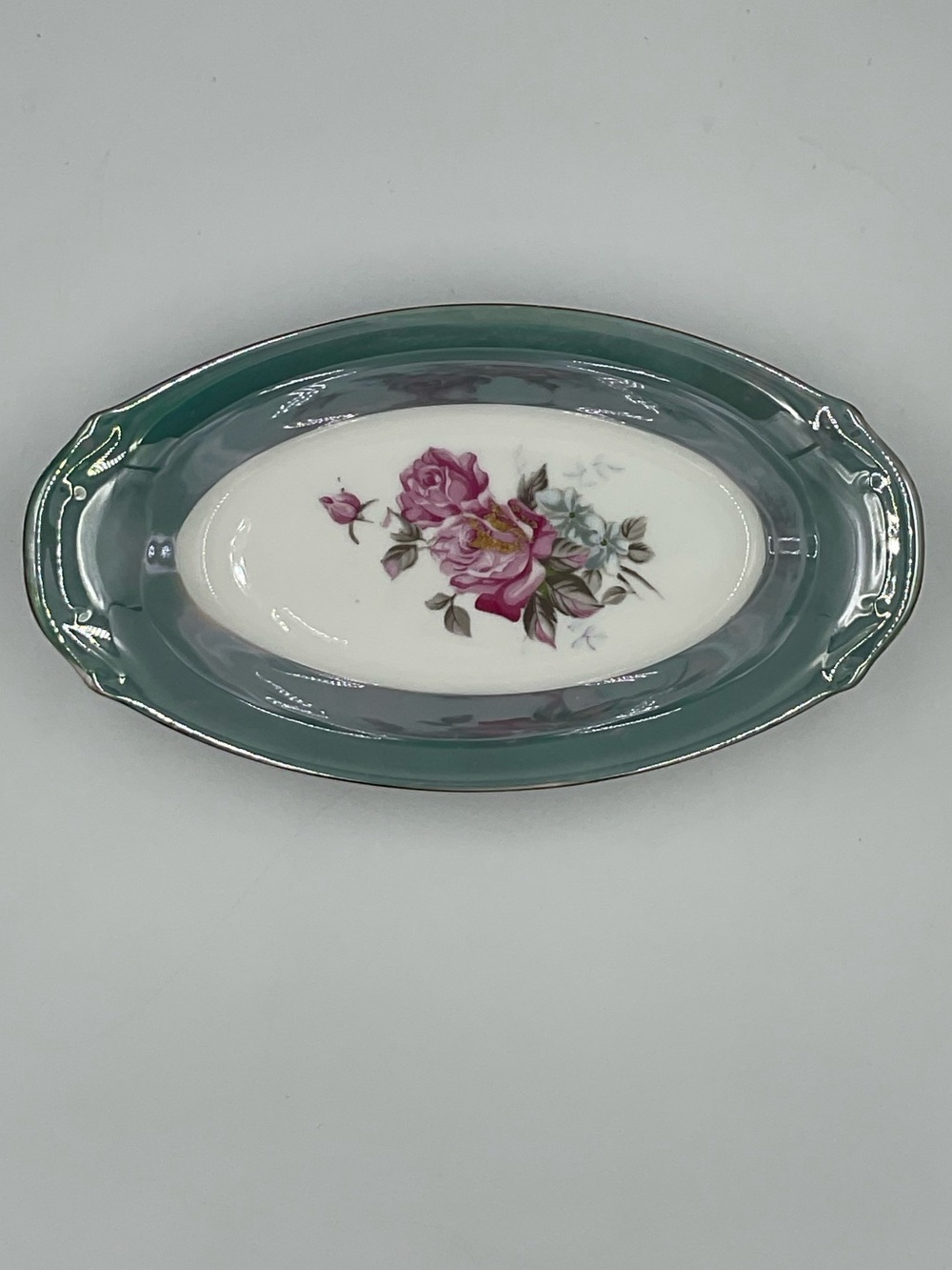 Vintage Norleans Japan Iridescent Green Lusterware Floral Rose Dish Decor